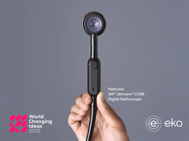 image of the Eko CORE Digital Attachment on a 3M Littmann Scope with text reading "Featured: 3M Littmann CORE Digital Stethoscope" and "World Changing Ideas 2022"